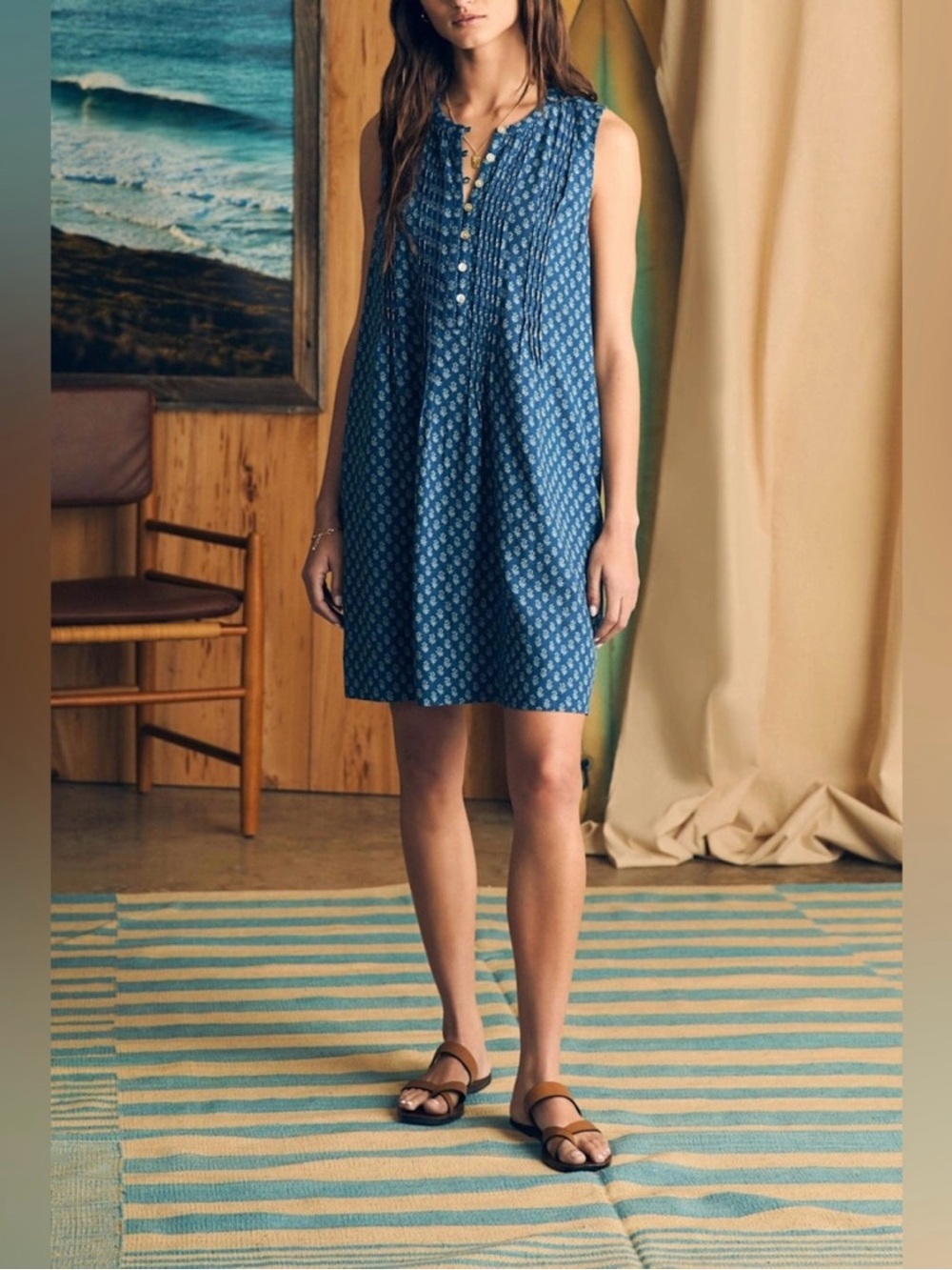 Faherty Isha Linen Shirt Dress Navy Gobi Floral XS Lagenlook Beachy Minimalist